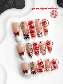 10pcs Valentine's Day Nail Art Set, Includes Lip Shaped Nail Stickers, French Manicure Stickers, Hand-Painted Wave Nail Stickers, Shiny Hearts, Bow Nail Decorations, White Nail Polish, Red Gel Nail Polish, 3 Sizes Available: Almond, Duck Mouth, Coffin Shape, Comes With Nail Tools, Suitable For Parties, Valentine's Day, Casual Wear, Great Gift Nails - 彩色 - 查看 2