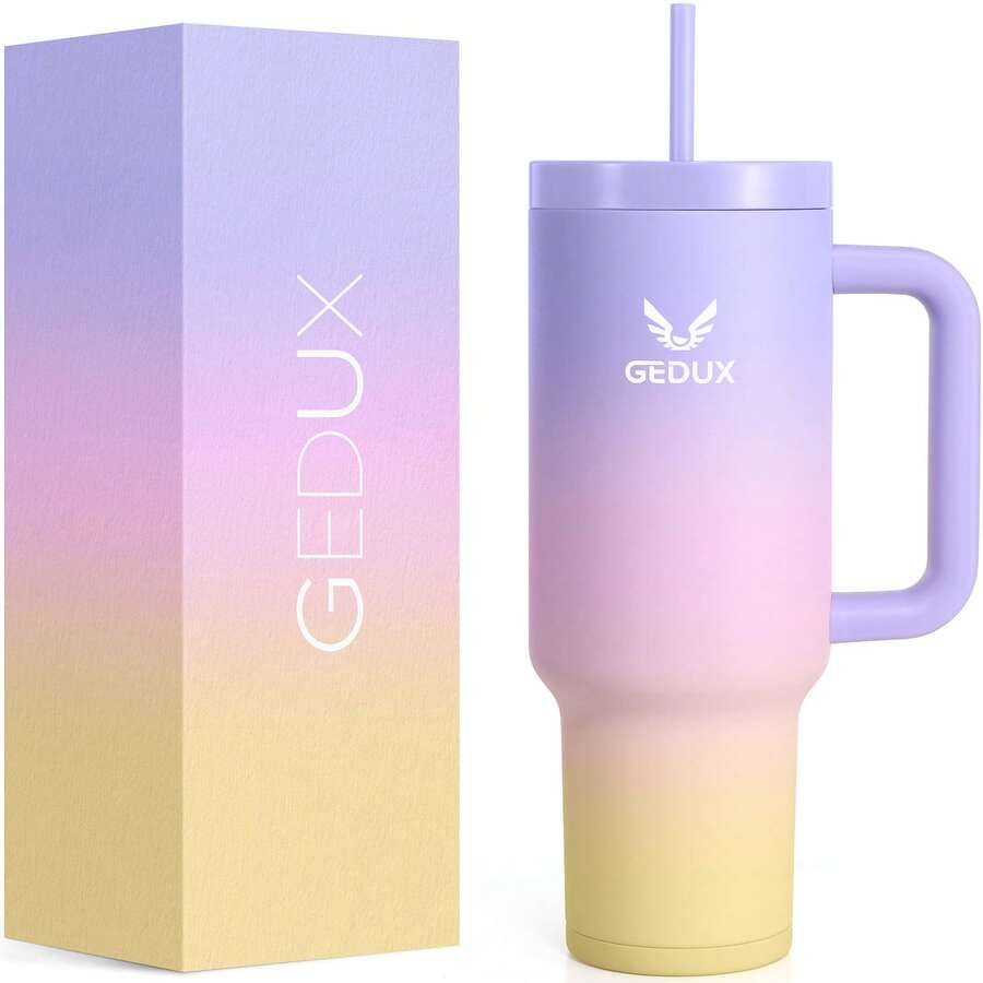 UKEIN 1PC 40oz Tumbler With Handle, 2-IN-1 Leak Proof Lid (Straw/Flip), Insulated Water Bottle, Stainless Steel Tumbler With Non-Slip Silicone, Wide Mouth Travel Mug Cupholder Friendly - 紫粉黃漸變 - 查看 1