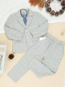 3pcs Young Boy's Suit Set (Jacket + Pants + Tie), Formal Outfit For Piano Performance, Wedding, Ceremony - Grey - View 5