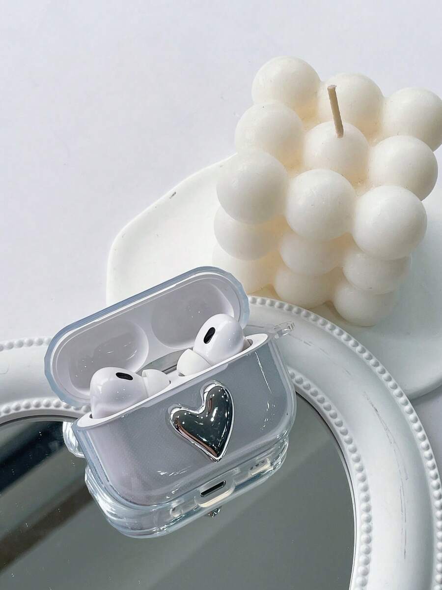 Daily Commute Essential, Minimalist Electroplated Heart Decor Transparent Earphone Case, Anti-Drop Anti-Slip, Compatible With Apple Earphones 1/2/3/4/Pro/Pro 2/Pro 3 - Holiday Gift, Best Friend Gift - Clear - View 1
