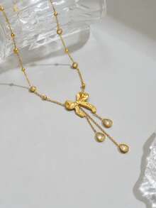 1pc Women's 18K Gold Plated Stainless Steel Bowknot Pendant Necklace, Waterdrop Tassel Zirconia Decor Necklace, Exquisite Drop Dangle Necklace, Fashion Jewelry Suitable For Women Daily Wear Party Wear Or Gifting - Gold - View 2