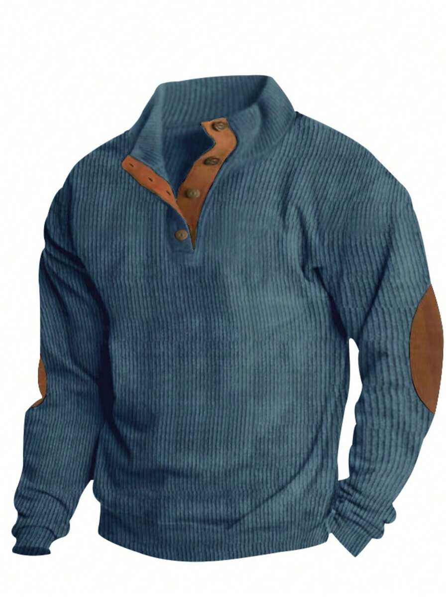 Áo thun polo dài tay màu tương phản dáng rộng thoải mái cho nam - Xanh đậm - Xem 1