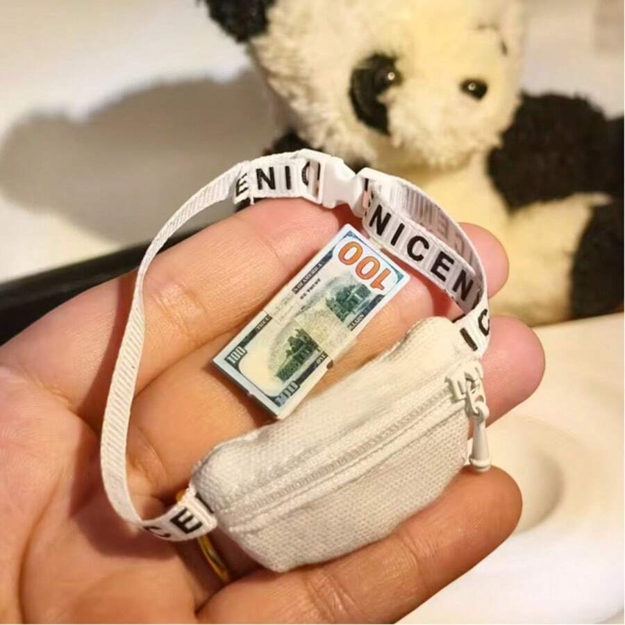 2 chiếc - Balo đeo chéo thời trang và túi đeo hông cho búp bê 13-17cm, màu đen/trắng, kèm tiền/tiền giấy mô phỏng mini! Mô phỏng mở ví, chế độ ví mô phỏng! Phù hợp cho , quần áo và phụ kiện búp bê!, phụ kiện tiền đồ chơi