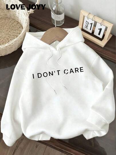 قميص ثقيل هودي أبيض بطباعة رسومية بعبارة "لا أهتم" بأكمام طويلة فضفاضة سميكة من الفليس للنساء للعودة إلى المدرسة في فصلي الخريف والشتاء