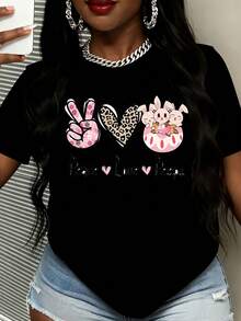 Peace Love Black Graphic T-Shirt With Cute Bunny Design And Leopard Print Heart Women Casual Summer Top Soft Cotton Crewneck Shirt For Girls Fashion Statement Tee Comfortable Everyday Wear Plus Size Available - Black - View 2