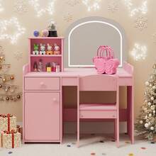 Kids Vanity, Lofka Princess Makeup Vanity Desk , Open Shelves, Storage Cabinet & Drawer,  Mirror Toddler Vanity Table & Chair Set For Little Girls (Pink) - Hồng - Xem 9