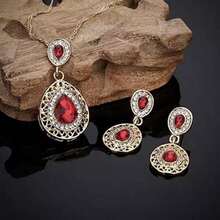 Set Collar y Aretes Oro Laminado 18k + Regalo Rojo Y Cristal Austriaco Brillante Amor Aniversario Detalle Mujer Dama Novia Mamá Elegante Navidad Casual(Rojo) - Multicolor - Ver 4