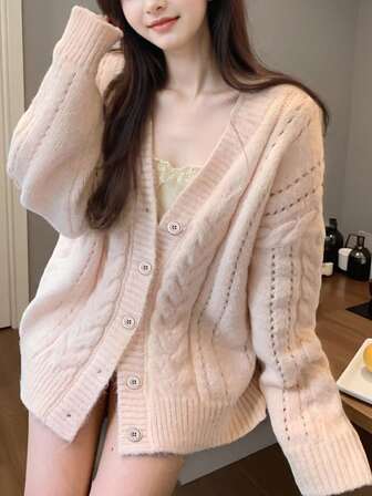 Alicedudu Women Casual Hollow Design V-Neck Knit Cardigan, Elegant Gentle Style, Autumn/Winter