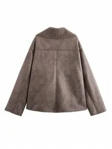 Women's Brown Faux Fur Lined Winter Jacket - Casual Streetwear Style Loose Fit Lapel Collar With Pockets Long Sleeve Outerwear - Dusty Purple - View 6