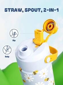 12oz Kids Stainless Steel Water Bottle: 2-In-1 Straw Nozzle Lid, Leak-Proof Thermos Mug With Tote Bag, 24 Hours Cold Storage, Easy To Clean, Suitable For School, Travel, Playtime, Gifts - Blue and Yellow Daisies and Bees - View 4