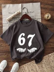 男童休闲印花圆领短袖T恤，夏季上衣 - 深灰色 - 查看 6