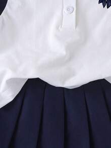 女童蝴蝶结印花Polo衫和百褶裙套装 - 白色 - 查看 5