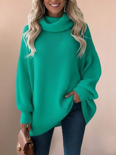 Plus Size Women Fashion Simple Pink High Neck Long Sleeve Pullover Sweater, Loose Casual Knit Top, Suitable For Valentine's Day And Daily Wear