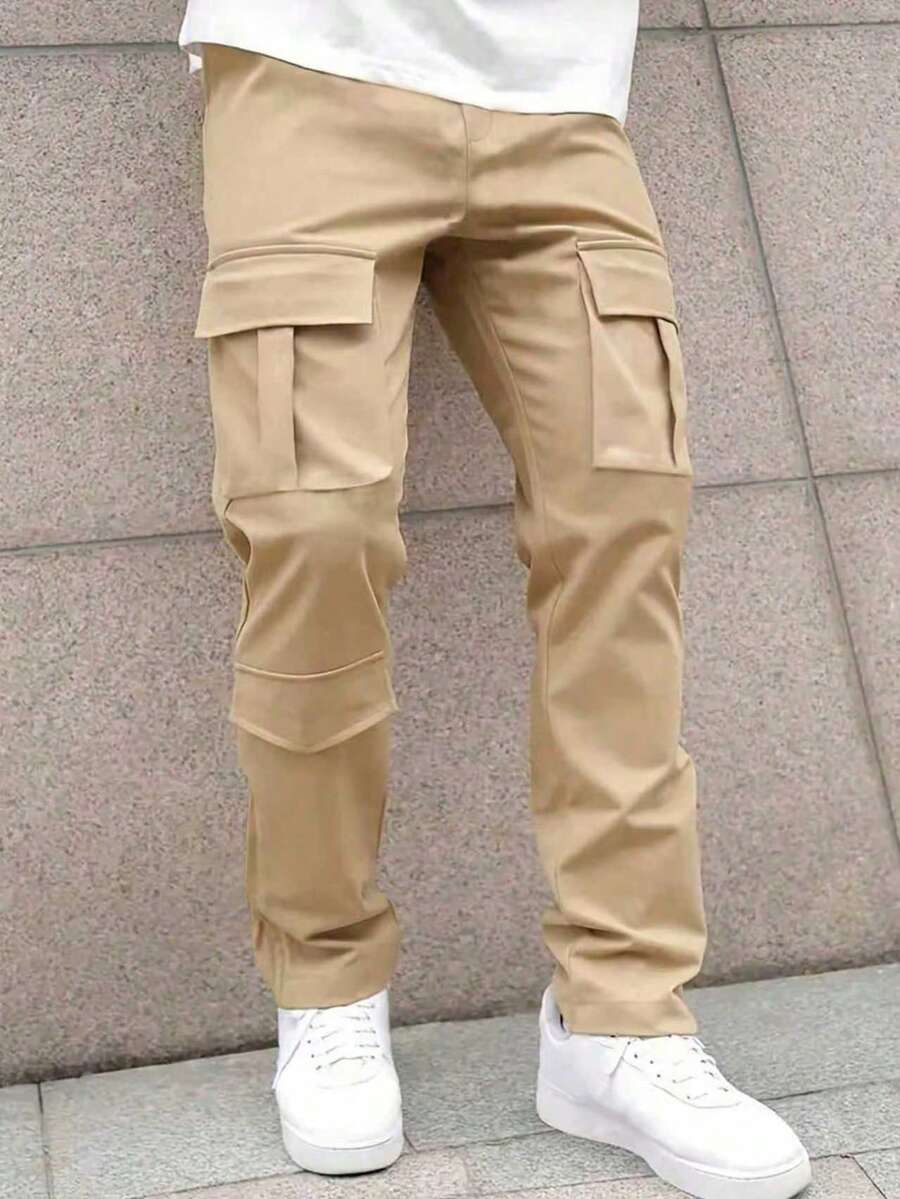 1件青少年男童休闲宽松直筒多口袋工装裤，适合春夏秋季穿着 - 卡其色 - 查看 1
