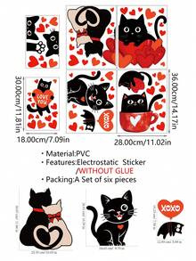 情人节快乐！红色心形气球箭头贴纸，黑色猫咪情人节窗贴，双面情人节猫咪窗贴，浪漫心形红色窗贴，情人节装饰用品 - 彩色 - 查看 8