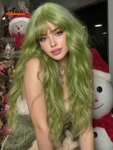 26英寸绿色波浪卷假发，优雅长款波浪卷假发带刘海，自然蓬松耐热合成纤维假发，精美全蕾丝假发，适合女孩日常佩戴、音乐节、街头风以及节日礼物 - 綠色 - 查看 12