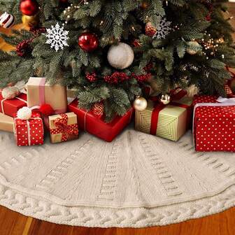 24/36/48 Inch Woven Christmas Tree Skirt: Cream White, Red, Christmas Tree Skirt, Made With Thick Rustic Style Christmas Tree Decor, Crafted With Diamond Weaving Technique, Suitable For Decorating During Christmas Family Gatherings