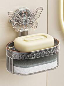 1pc Elegant Palace Style Transparent Soap Dish Set, Double Layer Storage, ABS Material Unbreakable, Suction Cup Wall-Mounted Soap Holder, Large Capacity, Butterfly Shaped - Multicolor - View 2