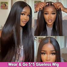 即戴式 5*5 蕾丝闭合假发和 13X4/13*6 蕾丝前假发，预先拔毛的巴西蕾丝前假发（女士款），高清透明蕾丝前假发，200% 密度长款混发蕾丝假发，自然黑 - 自然色&黑色系 - 查看 4