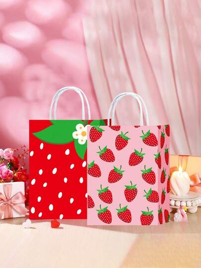 草莓图案礼品袋，生日礼物包装手提袋。节日礼品袋。适用于生日派对/节日礼物/日常礼物/圣诞节和新年礼物包装。适合学生、情侣、亲戚朋友。