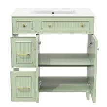 Bathroom Vanity Unit With 81.7 Cm Basin - Freestanding Unit With Ceramic Basin, Lacquered Surface, Multifunctional Storage Space And Solid Wood Legs, With A Modern And Luxurious Design - Green - Green - View 6