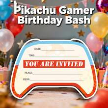 宝可梦游戏手柄主题派对邀请函，皮卡丘游戏手柄生日派对邀请卡，生日主题游戏手柄邀请卡，皮卡丘生日邀请函，贺卡 - 彩色 - 查看 10