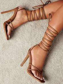 Women's Square Toe Lace Up Heeled Sandals Leg-Lengthening Strappy Heels For Slim Look Party Dress Shoes Christmas Gift & New Year Gift - 棕色 - 查看 2
