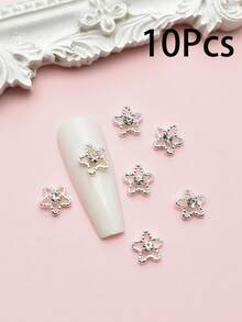 Set de 10 piese de stele metalice ajurate încrustate cu strasuri, decorațiuni pentru manichiură franceză, ornamente 3D aurii și argintii cu cinci colțuri pentru unghii false, decorațiuni drăguțe în formă de stea pentru unghii.