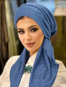 1 pieza Nuevo pañuelo musulmán de doble capa con cola arrugada, gorro turbante de unicolor para mujer - color - Ver 11