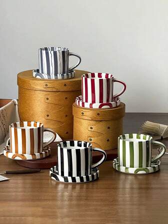 1set Hand-Painted Japanese Style Ceramic Mugs, Retro Striped Vintage Coffee Cups, Breakfast Cups, Office Afternoon Tea Cups, Latte Art Cups, Juice Beverage Cups, Couple Water Cups, Holiday Gifts For Family And Friends