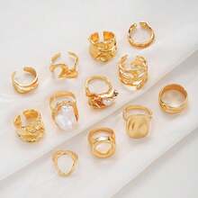 Set 3 buah cincin logam bergaya bohemian elegan vintage dengan desain mutiara bergelombang asimetris untuk wanita, cocok untuk pemakaian sehari-hari dan pesta, dapat ditumpuk, hadiah. - Emas 2 - View 6