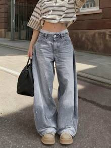 宽松直筒女式牛仔裤 Y2K 美学街头服饰 2025 休闲时尚女装中腰阔腿牛仔裤。 - 灰色 - 查看 2
