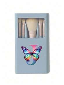 5 piezas Juego de brochas de maquillaje portátil con espejo, estampado de mariposa colorida y letra A-Z, juego de brochas de maquillaje en caja, juego de brochas de maquillaje multifunción con caja de espejo, mini lápiz de maquillaje multifunción, brocha de base, brocha de sombra de ojos, paleta básica de herramientas de maquillaje, organizador de maquillaje - Multicolor - Ver 13