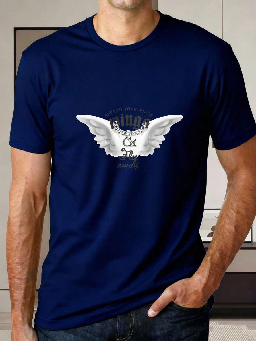 Soft, Skin-Friendly Cotton T-Shirt For Men. Black Short-Sleeved T-Shirt With White Wing Print And "Spread Your Wings And Fly Away" Text For Everyday Wear. Casual Urban Style, Ideal For Social Occasions In Summer And Autumn. Classic Crew Neck Design, Lightweight, Comfortable, And Sweat-Wicking. Fun Holiday Gift. - 藏蓝色 - 查看 1