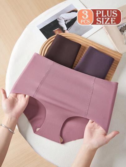 3pcs Plus Size Seamless Ribbed Breathable High Elastic Waist Hipster Briefs, Comfortable Thin Underwear For Women, Suitable For Sports & Everyday Wear