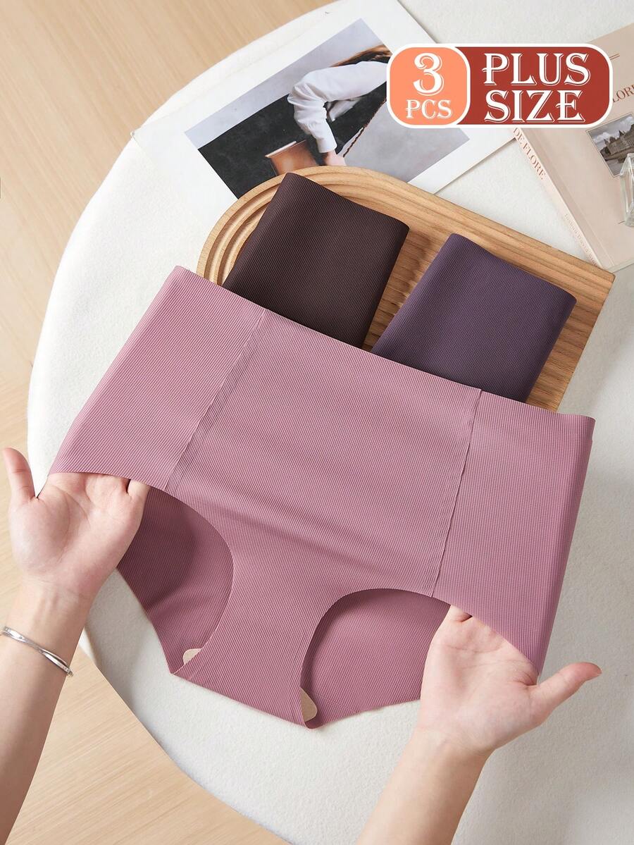 3pcs Plus Size Seamless Ribbed Breathable High Elastic Waist Hipster Briefs, Comfortable Thin Underwear For Women, Suitable For Sports & Everyday Wear