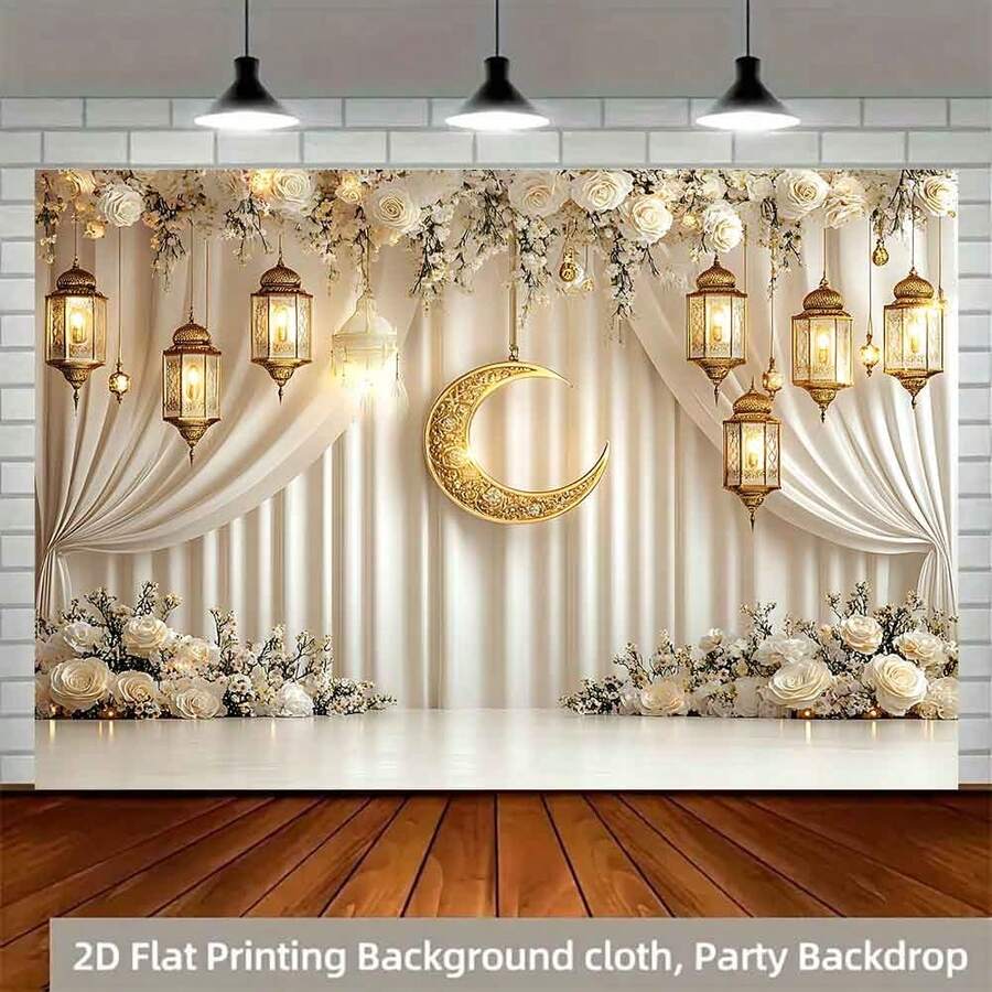 Banner Ramadan 2D bằng polyester, 1 chiếc, trang trí Ramadan trang nhã với hình trăng lưỡi liềm vàng, đèn lồng và hoa trắng, phụ kiện chụp ảnh Eid Al-Fitr, phù hợp cho lễ Ramadan và Eid Al-Adha của người Hồi giáo, đồ trang trí ngày lễ theo chủ đề Hồi giáo.