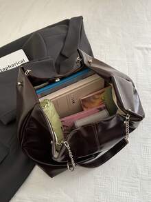 New Pleated Large Capacity Tote Bag, Korean Style, Versatile & Commuter-Friendly Shoulder Bag - Coffee - View 4