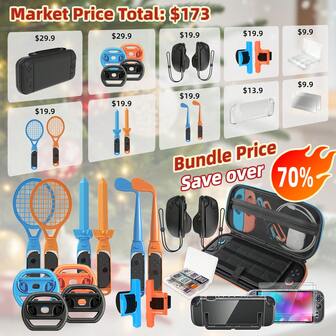 18-In-1 Holiday Accessory Kit Suitable For Switch 2 – Christmas Gaming Bundle With Sports Attachments, Racing Wheels, Protective Carry Case, Controller Grips, Screen Guards & Game Card Box