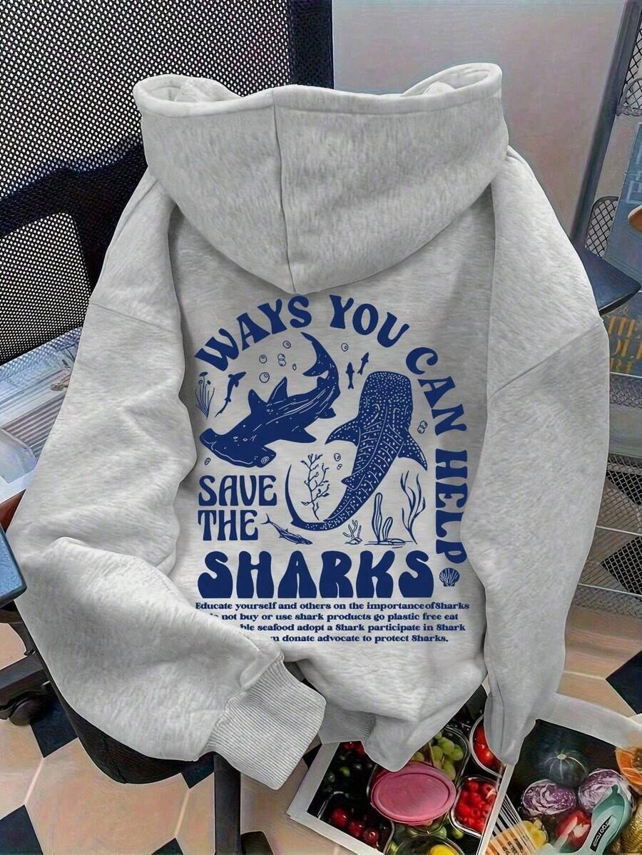 Winter Clothes For WomenProtect Marine Life Shark Print Autumn Clothes, Women Back To School Loose Fit Drop Shoulder Casual Hoodie SweatshirtLoose And - 灰色 - 查看 1