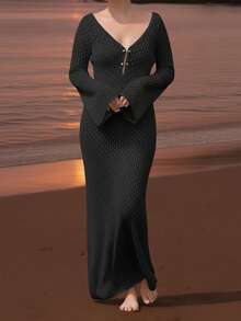 Women's Plus Size New Style Fashionable Sexy Beach Vacation Casual Hollow Long Sleeve Long Metal Nail Button Knit Loose Dress, Spring Summer Fall