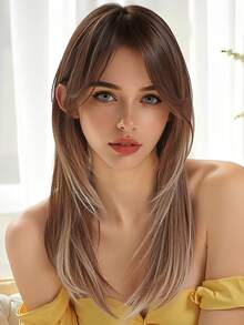Peluca sintética con capas y flequillo, cabello largo y liso, adecuada para uso diario y juegos de roles, fibra resistente al calor, cómoda y esponjosa, de alta calidad; cabello realista; ideal para viajes, Halloween, Navidad y uso diario; peluca de estilo dopamina