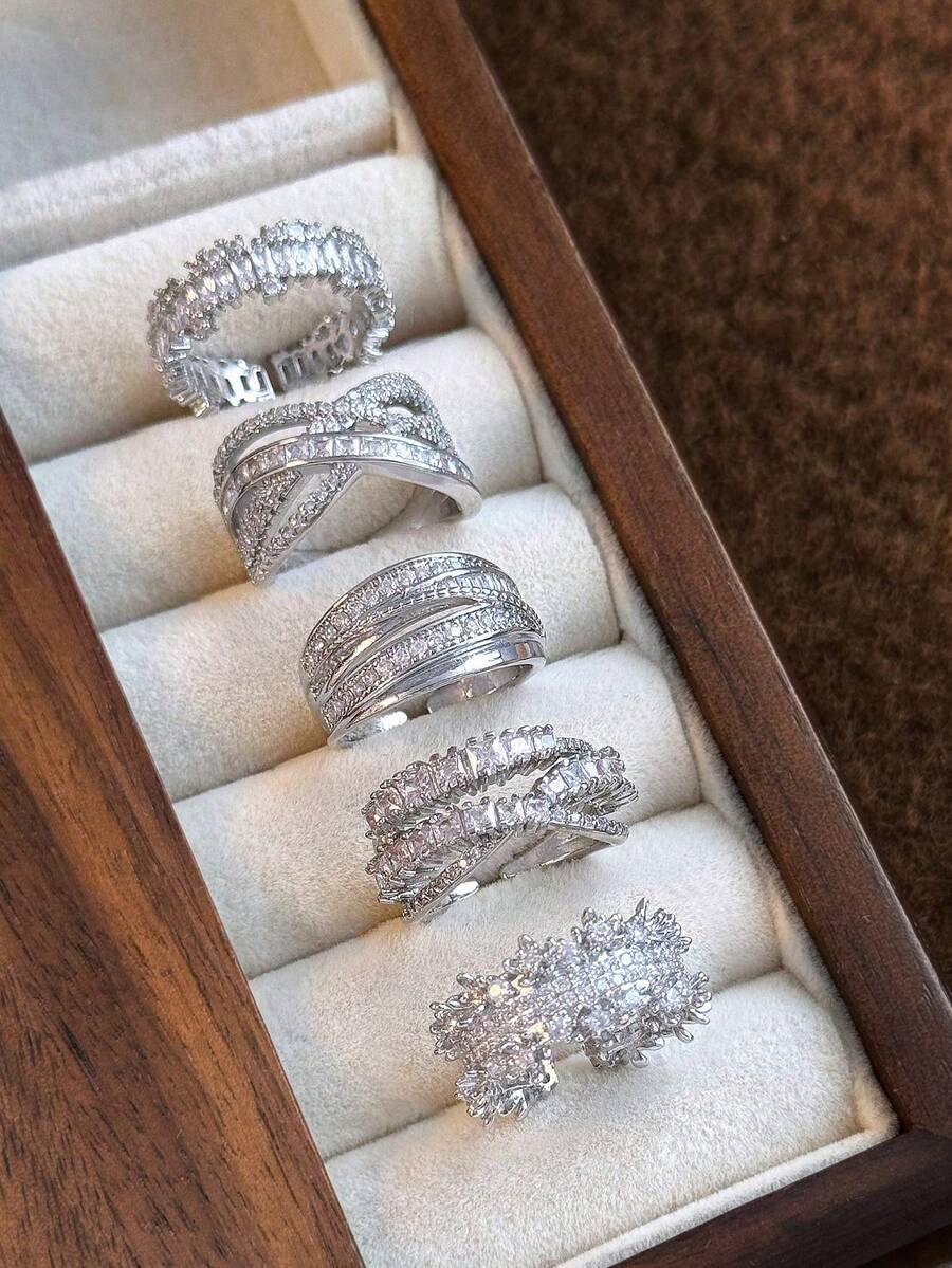 5pcs Luxury Exaggerated Super Shiny Cubic Zirconia Adjustable Open Ring Set, Suitable For Daily Fashion, Banquet, Party, Holiday Gift, Wedding Bride Wear - Silver - View 1