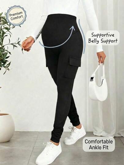 Maternity Black Slim Cargo Pants With Abdominal Support Design, High Stretch Knit Fabric, Elastic Waist, Ruffle Ankle Hem Decor, Comfortable For Daily Work, Casual And Home Wear Spring