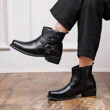 时尚机车风黑色切尔西踝靴，男士复古做旧皮革皮带扣装饰，防滑粗跟踝靴，适合日常通勤，男士高帮皮鞋 - 黑色 - 查看 6