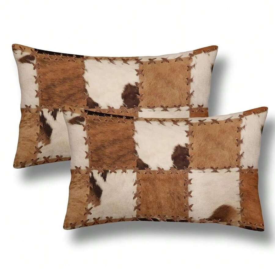 Cow Fur Lumbar Throw Pillow Covers 12x20 Set Of 2 Cowhide Short Pl 11ush Pillows Case Western Farm Animal Skin Plaid Grid Cowboy Rectangle Cushion Cover Decorative Pillowcases For Couch Bed,20inchx12inch(Packof2),BrwonBeige - 棕褐色 - 查看 1