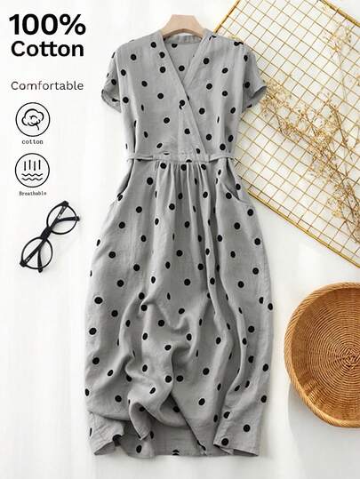 Retro Style Women's Mid-Length Dress, Short Sleeve V-Neck Polka Dot Pattern, With Belt And Pockets, For Casual Or Elegant Look Summer