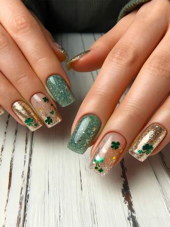 Express Your Love With 24pcs Medium Square Shape Press On Nails Vintage Glitter Gold French Nail Tips With Cute Green Four-Leaf Clover Design Elegant Premium Silver Glitter Lucky Clover Pattern Press-On Nails Full Coverage Fake Nail Kit For Women And Girls Includes Nail Salon With 1 Piece Of Jelly Gel And 1 File Stri Jelly Gel Random Shipment