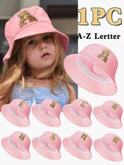 1顶女童粉色花卉字母装饰遮阳帽，26个字母可定制，时尚优雅轻便防晒，适合春夏户外活动，礼品