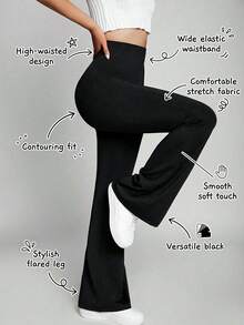 青少年/女童纯色针织高腰弹力喇叭休闲瑜伽裤，适合日常穿着，返校穿着（YY355）